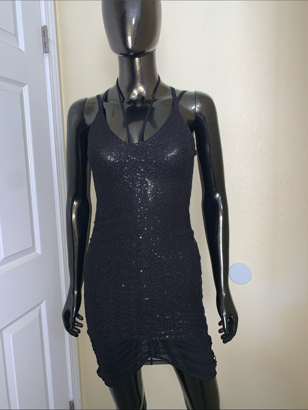 Dolls Kill POSTER GIRL Black Sequin Strappy Bodycon Mini Dress, Size XS, NWT